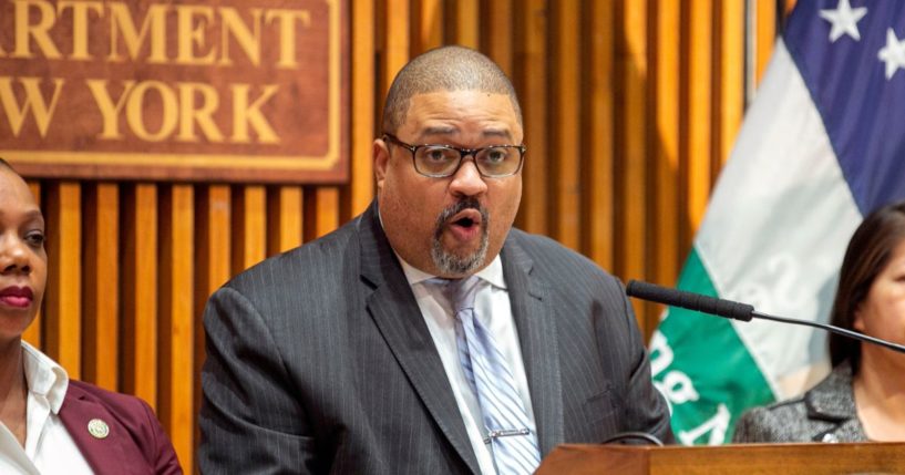 Alvin Bragg speaking during a news conference