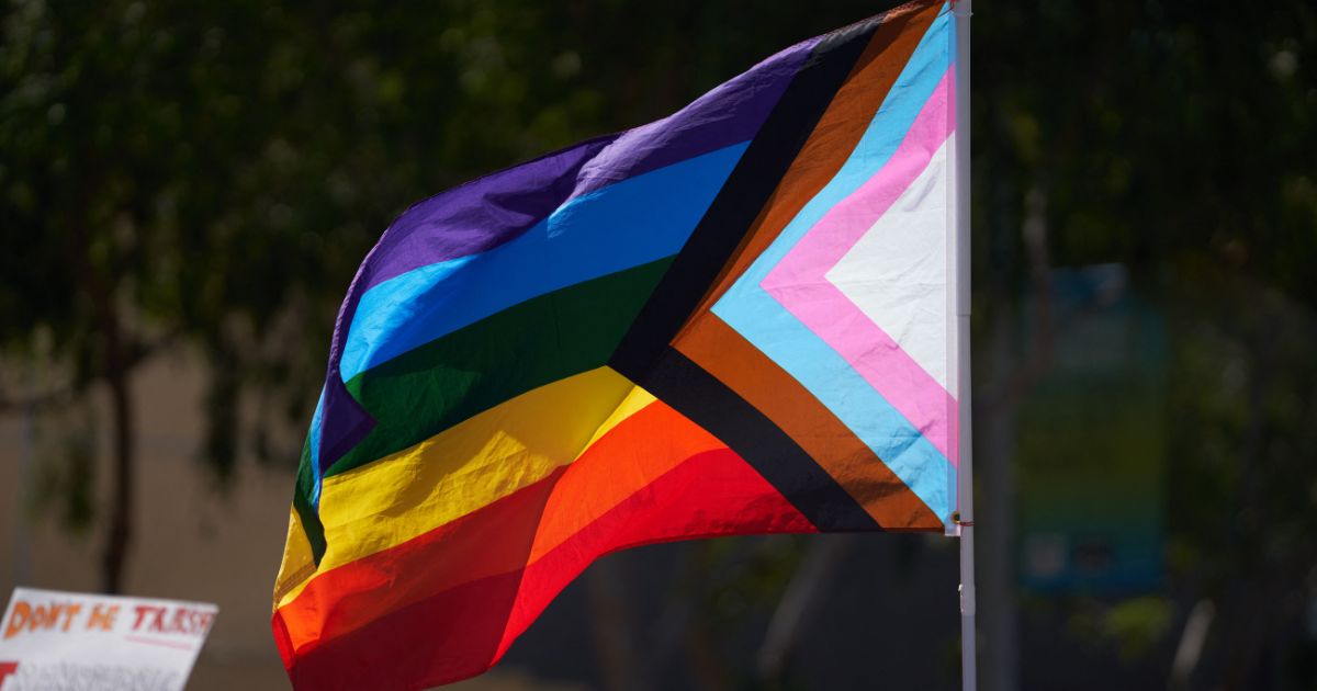 A progress pride flag is pictured during the Los Angeles "Drag March LA: The March on Santa Monica Boulevard" in West Hollywood, California, on April 9.