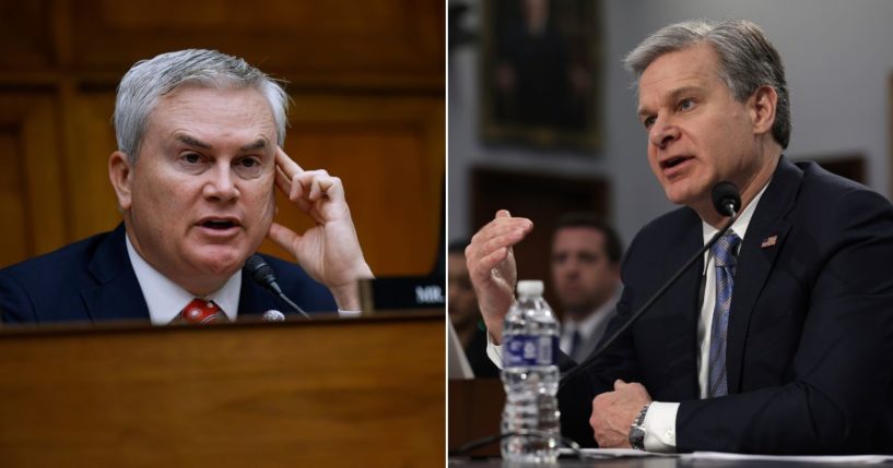 House Committee on Oversight and Accountability Chairman James Comer, left, announces they will plan to move forward with holding FBI Director Christopher Wray in contempt of Congress for not providing information regarding the alleged crime scheme involving then-Vice President Joe Biden.