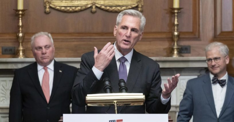 House Speaker Kevin McCarthy speaking at a news conference.