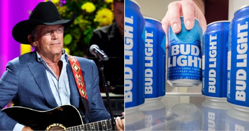 Country star George Strait, left; cans of Bud Light, right.