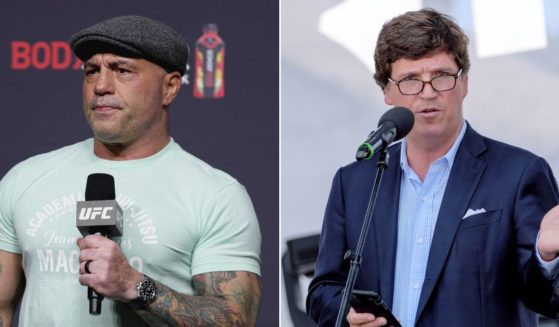 Podcast host Joe Rogan, left, gives advice to Tucker Carlson.