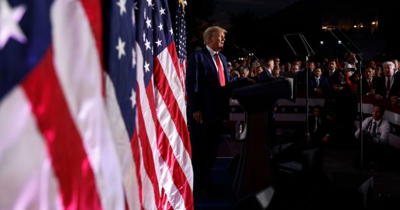 Former President Donald Trump delivers remarks at the Trump National Golf Club on Tuesday in Bedminster, New Jersey.