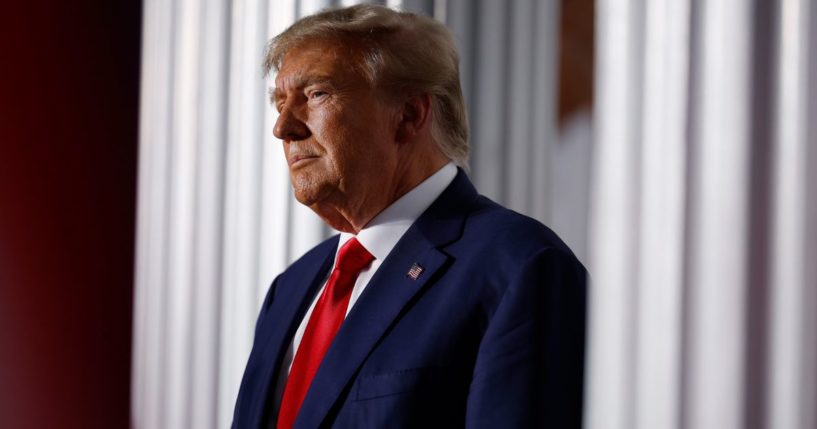 Former President Donald Trump delivers remarks at the Trump National Golf Club on Tuesday in Bedminster, New Jersey.