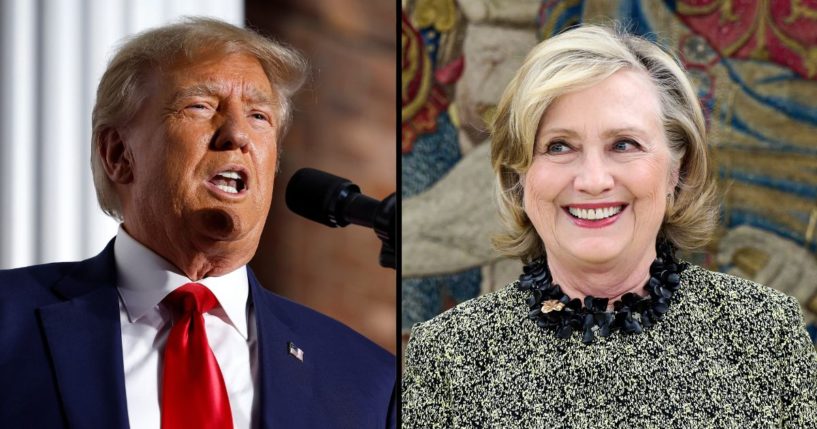 Former President Donald Trump, left, speaks at the Trump National Golf Club on Tuesday in Bedminster, New Jersey. Former Secretary of State Hillary Clinton waits for King Felipe VI of Spain at the Zarzuela Palace on May 31 in Madrid, Spain.