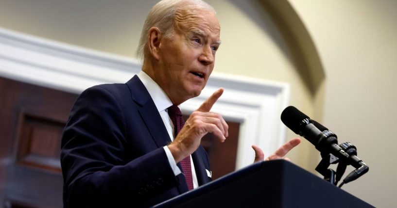 President Joe Biden speaks in the Roosevelt Room at the White House on Thursday in Washington, D.C.