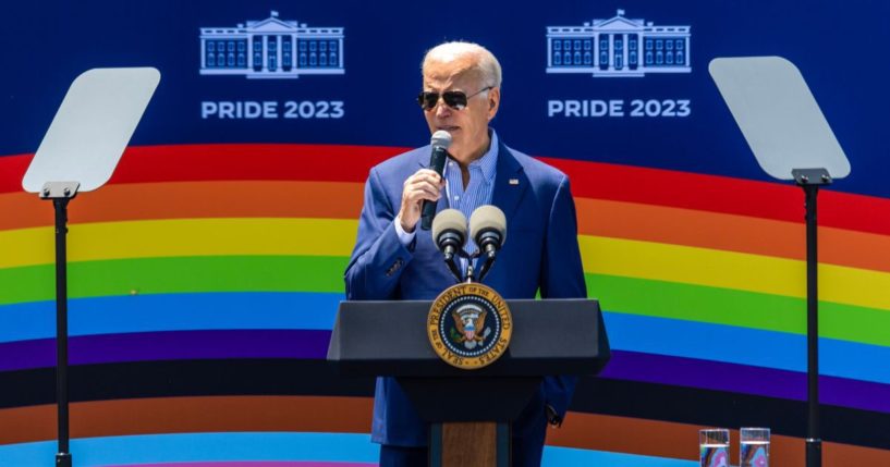 President Joe Biden speaks at the “pride celebration" on the South Lawn of the White House in Washington on Saturday.