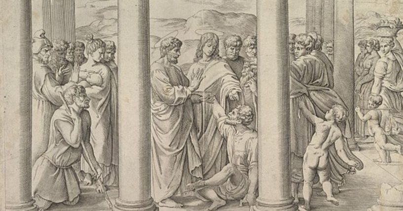 This illustration shows St. Peter and St. John healing a lame man at the entrance to the temple.