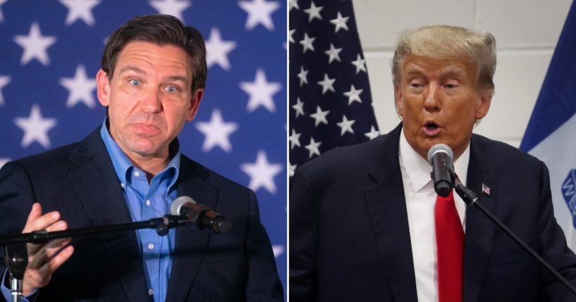 Florida Gov. Ron DeSantis speaks to a crowd on Friday in Gilbert, South Carolina. Former President Donald Trump greets supporters on Thursday in Grimes, Iowa.