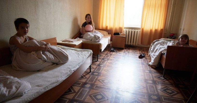 Refugee children from the Donetsk region of Ukraine stay at a temporary accommodation in Novocherkassk, Russia, on Feb. 25, 2022.