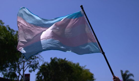 A transgender "pride" flag waves during the Los Angeles LGBT Center's "Drag March LA: The March on Santa Monica Boulevard," in West Hollywood, California, on April 9.