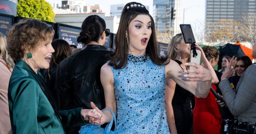 Trans influencer Dylan Mulvaney and writer Judy Blume, left, attend the "Are You There God? It's Me, Margaret" Los Angeles Premiere at the Regency Village Theatre on April 15.