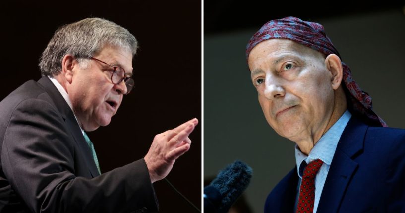 Former Attorney General William Barr, left, speaks at a meeting of The Federalist Society on Sept. 20, 2022, in Washington, D.C. Rep. Jamie Raskin speaks to reporters at the U.S. Capitol on Monday in Washington, D.C.