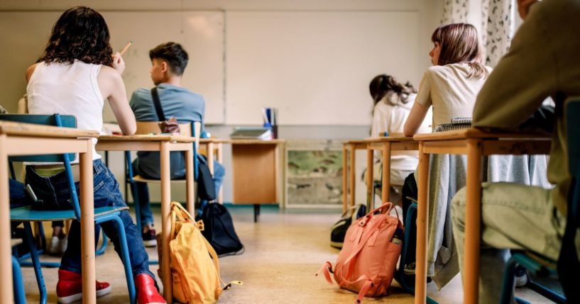 This stock image shows young students sitting in a classroom.