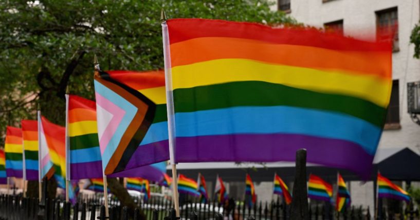 Rainbow flags are seen outside the Stonewall Monument in New York City on June 7, 2022.