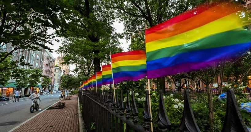 LBGT flags are lined up in a row decorate Christopher Park on June 22, 2020, in New York City.