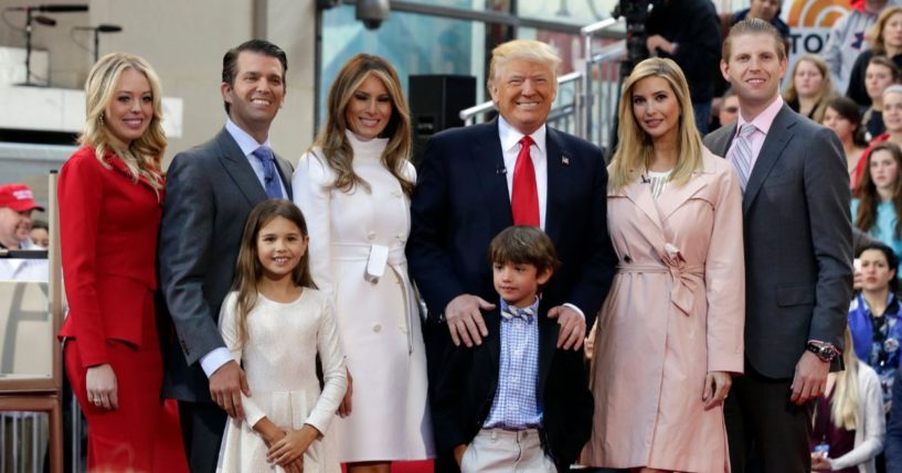 Ivanka Trump, second from the right, poses for a photo with family members on the NBC "Today" show in New York on April 21, 2016. From left are her sister Tiffany Trump, brother Donald Trump Jr., stepmother Melania Trump, father Donald Trump and brother Eric Trump.