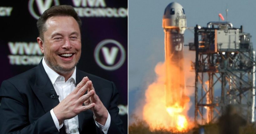 Jeff Bezos' space company Blue Origin attempted to launch a BE-4 rocket, similar to the one on the right, but the launch failed, putting Blue Origin further behind Elon Musk's, left, SpaceX.