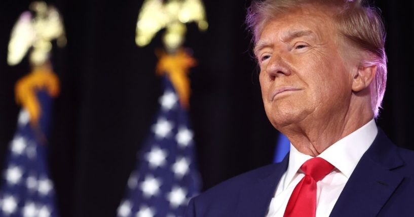 Former President Donald Trump prepares to deliver remarks at an event on Saturday in Las Vegas.