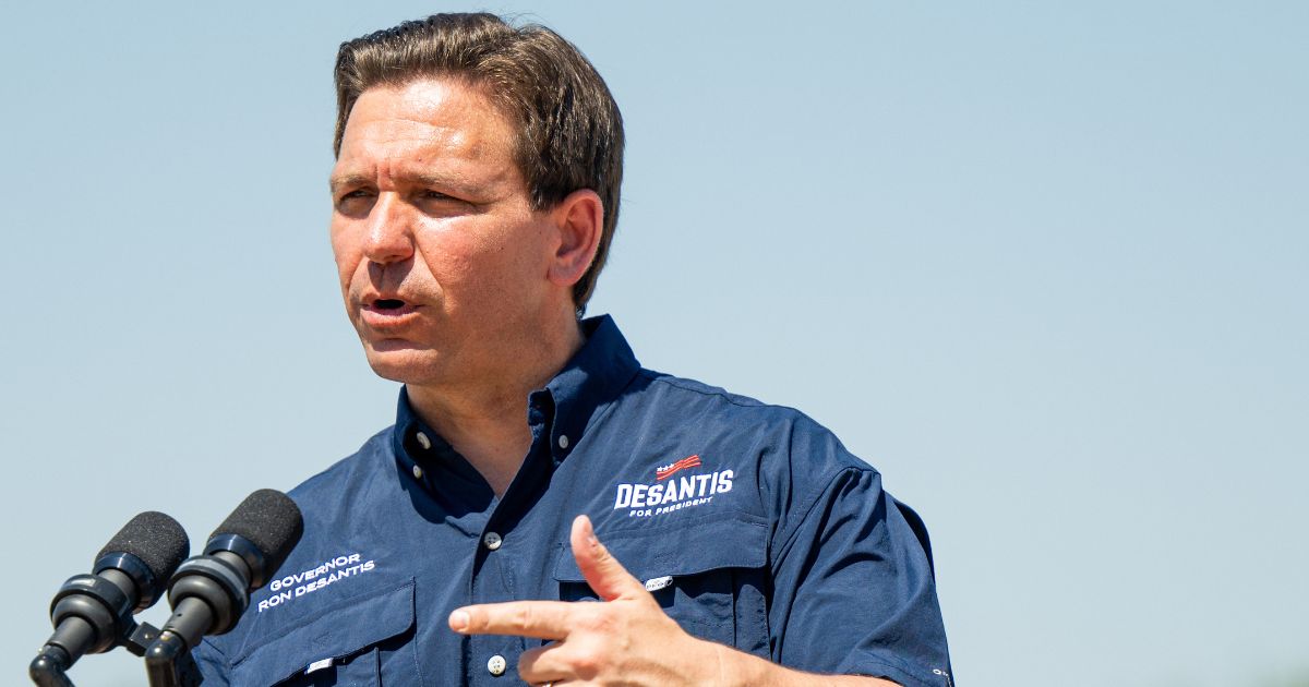 Republican presidential candidate and Florida Gov. Ron DeSantis speaks during a news conference on the banks of the Rio Grande in Eagle Pass, Texas, on June 26.