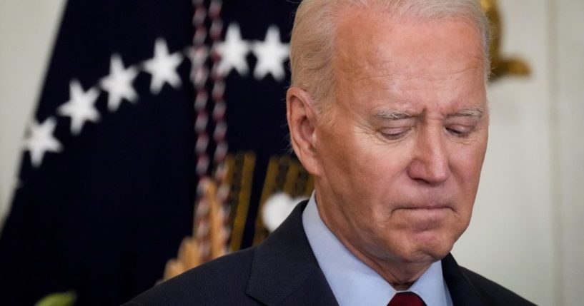 President Joe Biden speaks in the East Room of the White House on Friday in Washington, D.C.