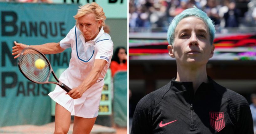 Martina Navratilova, left, hits the ball during the French Open in Paris in June 1986. Megan Rapinoe stands on the sidelines prior to an international friendly against Wales on Sunday in San Jose, California.