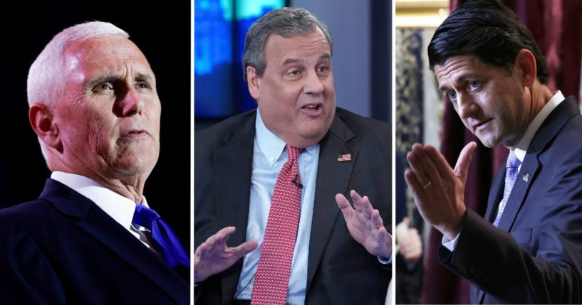 Former Vice President Mike Pence, left, delivers remarks on Monday in Arlington, Virginia. Former New Jersey Gov. Chris Christie, center, appears on Fox News on June 20 in New York City. Former Speaker of the House Paul Ryan speaks at the U.S. Capitol on May 17 in Washington, D.C.