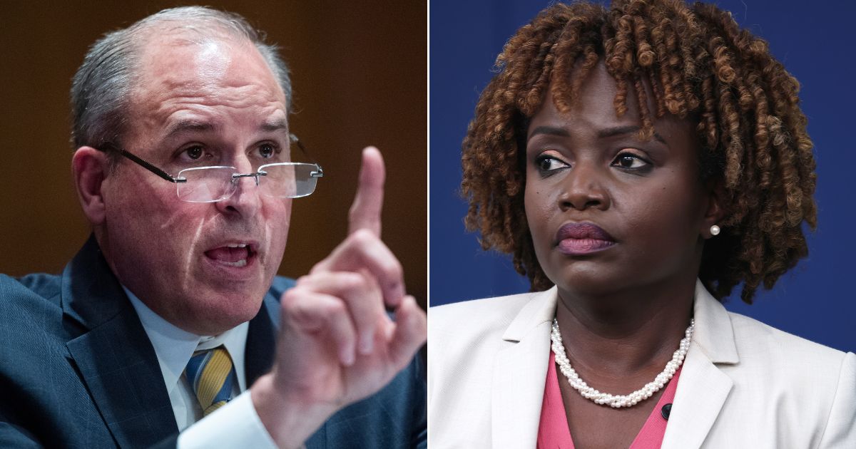 At left, Mark Morgan, then acting commissioner of the U.S. Customs and Border Protection, testifies during a Senate Homeland Security and Governmental Affairs Committee in Dirksen Senate Office Building in Washington on June 25, 2020. At right, White House press secretary Karine Jean-Pierre listens during the daily news briefing at the Brady Press Briefing Room of the White House in Washington on June 12.