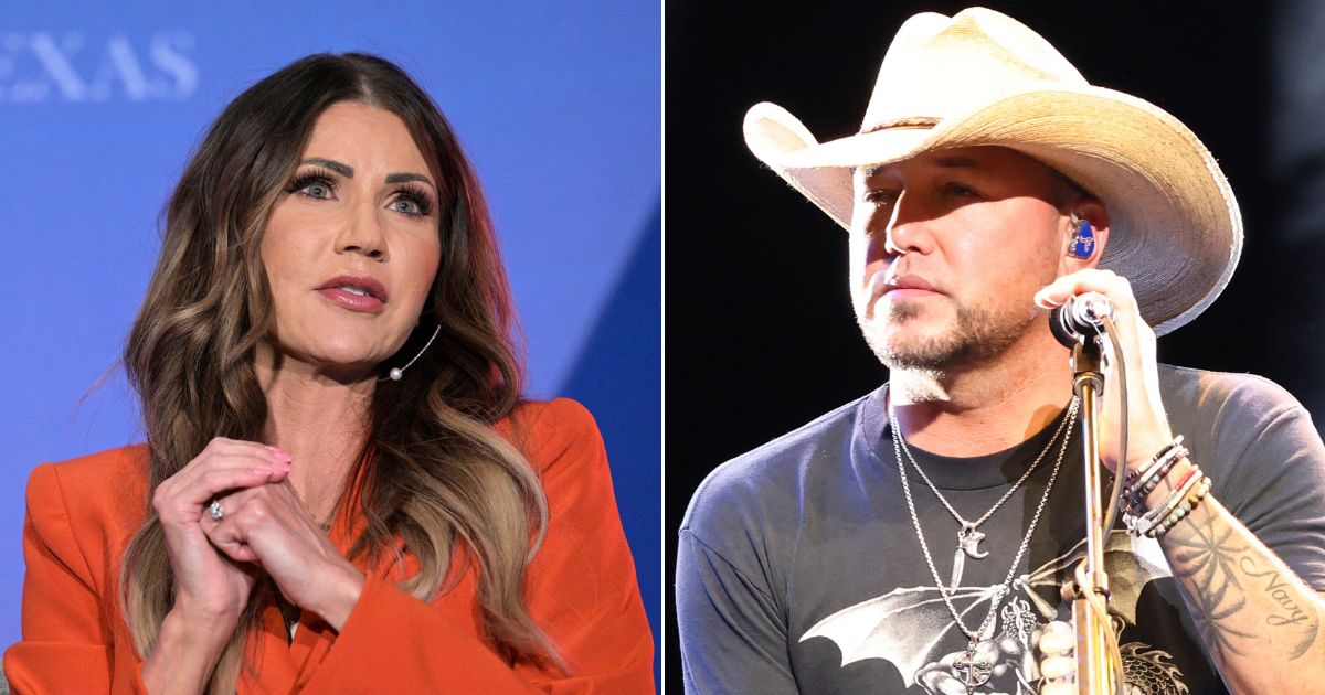 South Dakota Gov. Kristi Noem, left, came to the defense of country star Jason Aldean, right, over the video for "Try That in a Small Town."