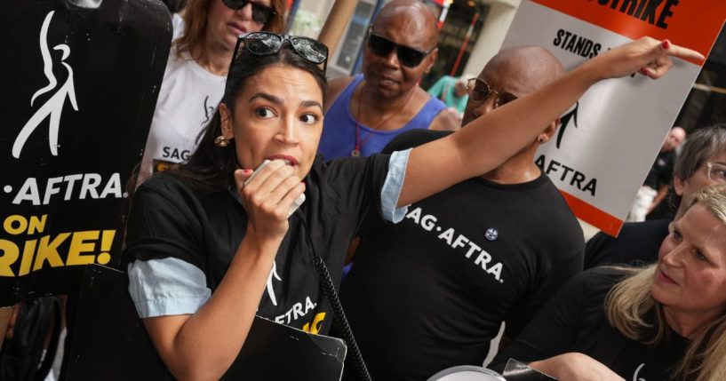 Alexandria Ocasio-Cortez (D-NY) joins the picket line as the SAG-AFTRA Actors Union Strike continues in front of Netflix on Monday in New York City.