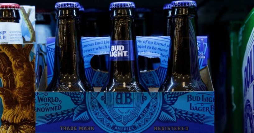 A six-pack of Bud Light sits on a shelf for sale at a convenience store, July 26, 2018, in New York City.