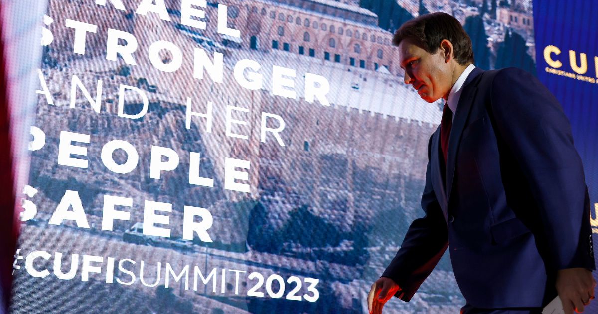 Republican presidential candidate Florida Governor Ron DeSantis departs after delivering remarks at the 2023 Christians United for Israel (CUFI) summit on July 17, 2023 in Arlington, Virginia.