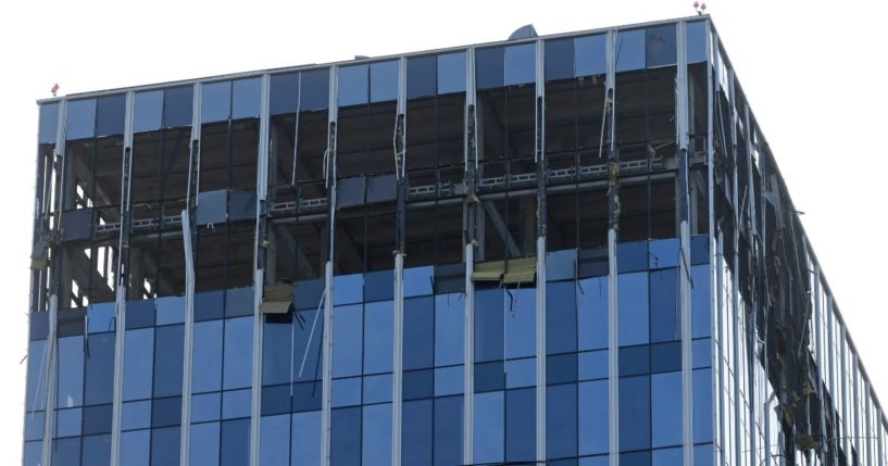 A view of the damaged building is shown after a reported drone attack in Moscow on Monday.