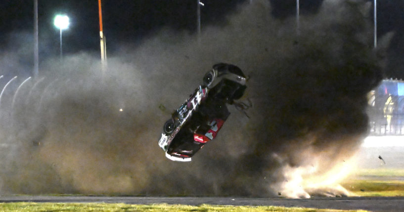 Ryan Preece barrel rolls along the back stretch during the NASCAR Cup Series auto race at Daytona International Speedway on August 26, 2023, in Daytona Beach, Florida.