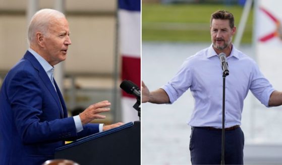 Florida Rep. Greg Steube, right, speaks during a campaign event Oct. 27, 2020, in Sarasota, Florida. According to Steube, it’s “long past time” to begin the process of impeaching President Joe Biden, left.