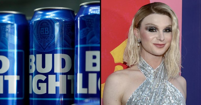 Cans of Bud Light beer are seen before a baseball game between the Philadelphia Phillies and the Seattle Mariners on April 25 in Philadelphia. Dylan Mulvaney arrives at an event on June 14 in New York.