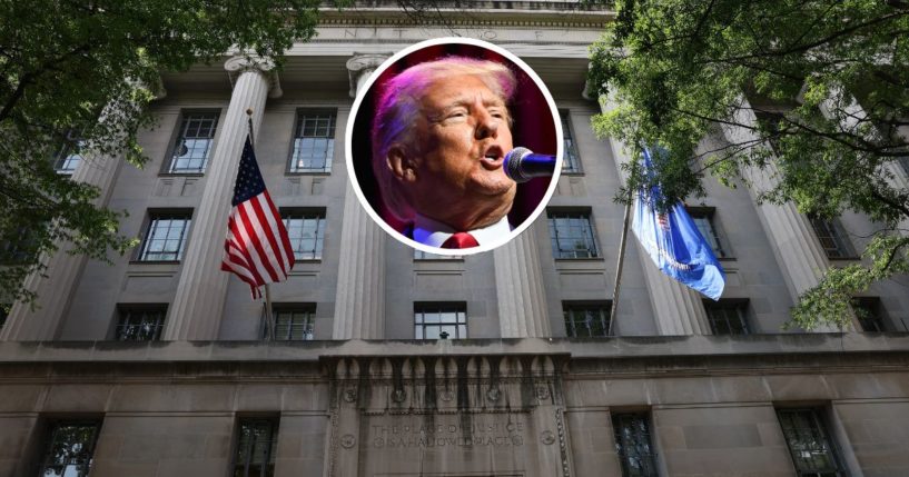 The U.S. Department of Justice is seen on July 25 in Washington, D.C. Former President Donald Trump speaks during the Alabama Republican Party’s 2023 summer meeting on Friday in Montgomery.