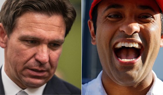 Republican GOP candidate Gov. Ron DeSantis, left, has been overtaken in one poll for second place in the Republican primary by businessman Vivek Ramaswam, right. (