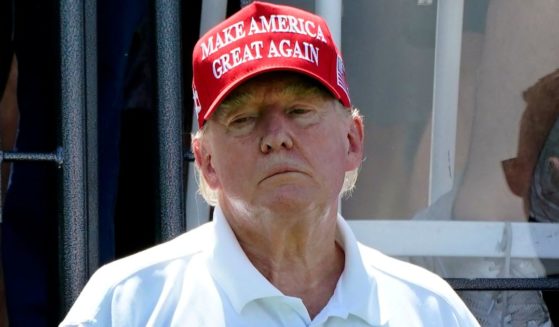 Former President Donald Trump looks on during Round 3 at the LIV Golf-Bedminster 2023 at the Trump National in Bedminster, New Jersey on Sunday.