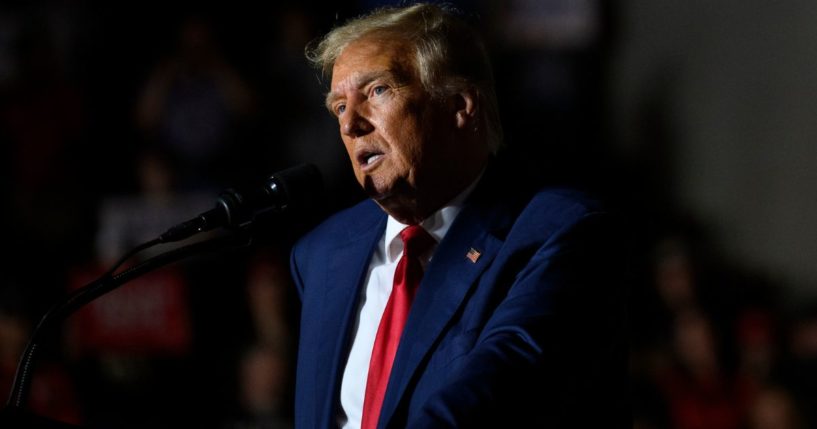 Former President Donald Trump speaks to supporters during a political rally in Erie, Pennsylvania, on Saturday.