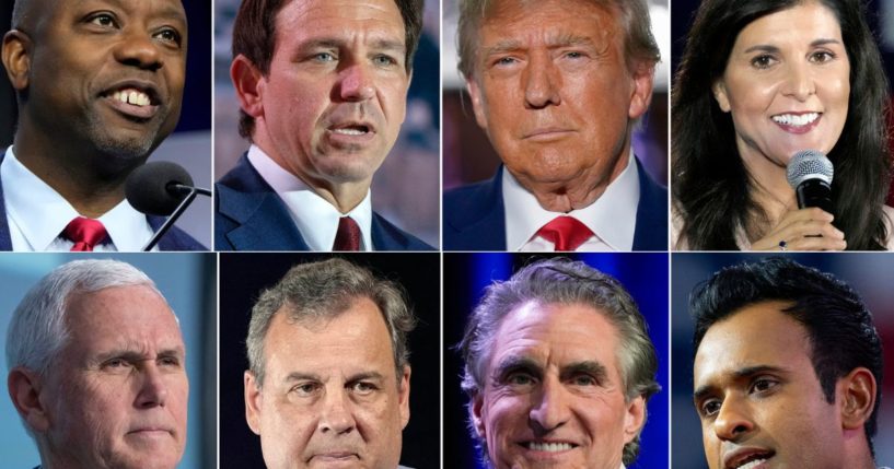 This combination of photos shows the current Republican presidential candidates: top row from left to right, Republican South Carolina Sen. Tim Scott, Florida Gov. Ron DeSantis, former president Donald Trump, and former South Carolina Gov. Nikki Haley, and bottom row from left to right, former Vice President Mike Pence, former New Jersey Gov. Chris Christie, North Dakota Gov. Doug Burgum and Vivek Ramaswamy.