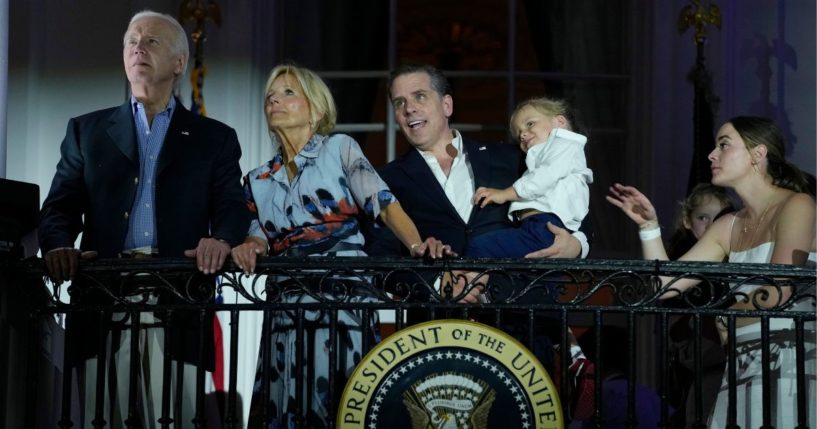 President Joe Biden, first lady Jill Biden, Hunter Biden, and his son, Beau Biden, watch a fireworks show during a Fourth of July celebration at the White House in Washington.