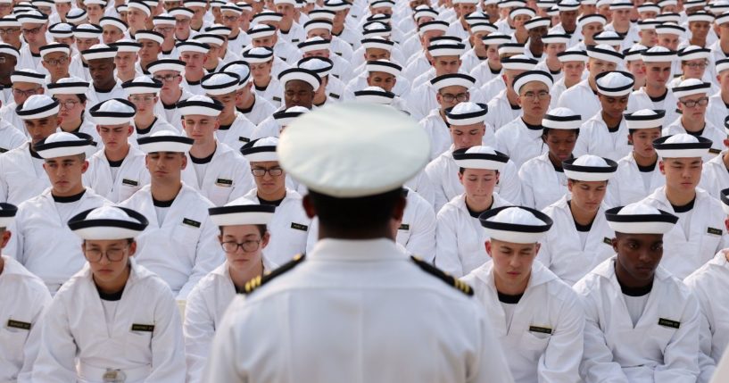 Incoming plebes take part in their induction at the U.S. Naval Academy on June 29 in Annapolis, Maryland.