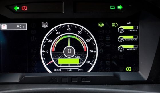 The instrument panel showing how much battery life remains is part of the dash board in a 40-foot, battery-powered electric bus being used in Miami, Florida. Miami-Dade County announced on Feb. 2 that its transit system has begun using 75 Proterra ZX5 battery-electric buses.