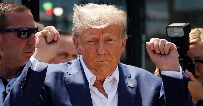 Former President Donald Trump acknowledges supporters as he visits the Iowa State Fair in Des Moines on Saturday.