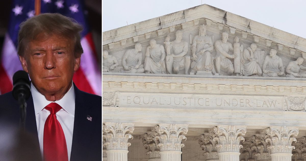 Former President Donald Trump, left, is asking for intervention from the U.S. Supreme Court, whose building in Washington, D.C., right, is engraved with the phrase "Equal Justice Under Law."