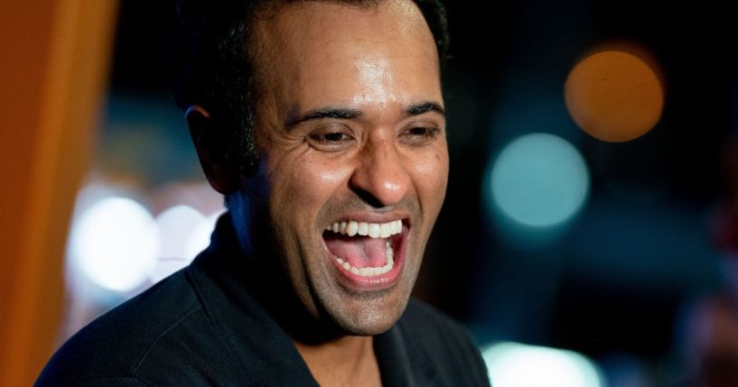 Presidential hopeful Vivek Ramaswamy speaks at the Iowa State Fair in Des Moines, Iowa, on Friday.