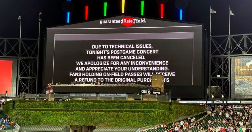 A message on the main scoreboard at Guaranteed Rate Field announces the cancellation of an 90s concert that was to feature Vanilla Ice, Tone Loc, and Rob Base after a baseball game between the Chicago White Sox and the Oakland Athletics on Friday in Chicago.