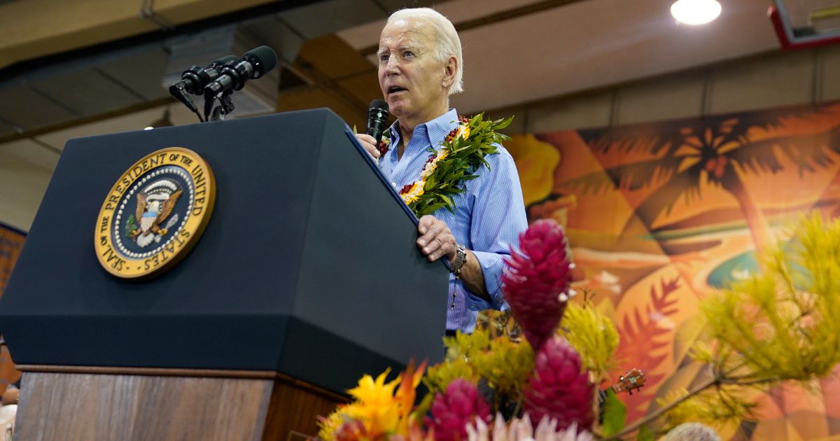 President Joe Biden speaks as he meets with community members impacted by the Maui wildfires at Lahaina Civic Center, on Monday in Lahaina, Hawaii.