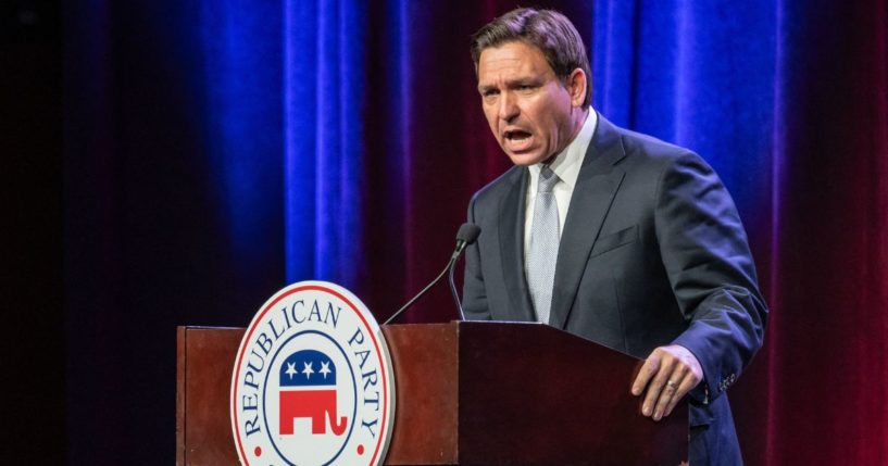 Florida Governor and 2024 Republican Presidential hopeful Ron DeSantis speaks at the Republican Party of Iowa's 2023 Lincoln Dinner at the Iowa Events Center in Des Moines, Iowa, on July 28.